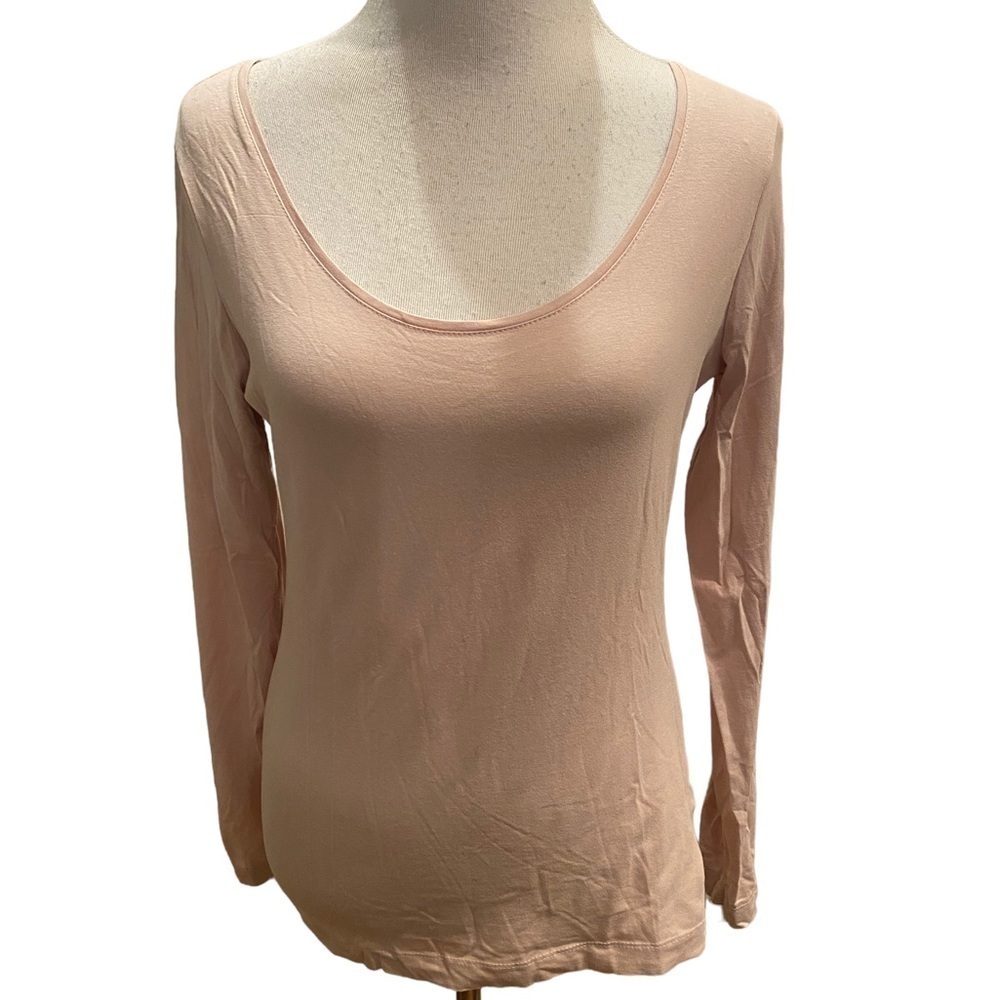 Women Light Pink Long Sleeve Pima Cotton Scoop Neck Fitted T-Shirt Basic  M